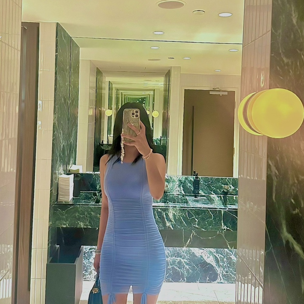 Sleeveless Light Blue Ruched Bodycon Dress